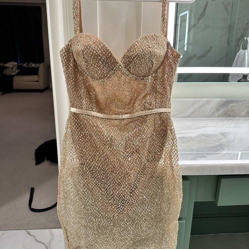 Reve Boutique - Jessica Bara gold glitter dress NWOT